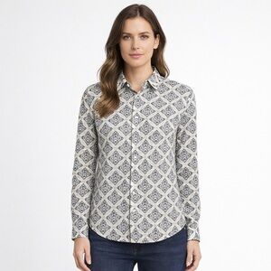 Boden Navy and White 100% linen Blouse Floral Shirt size 6